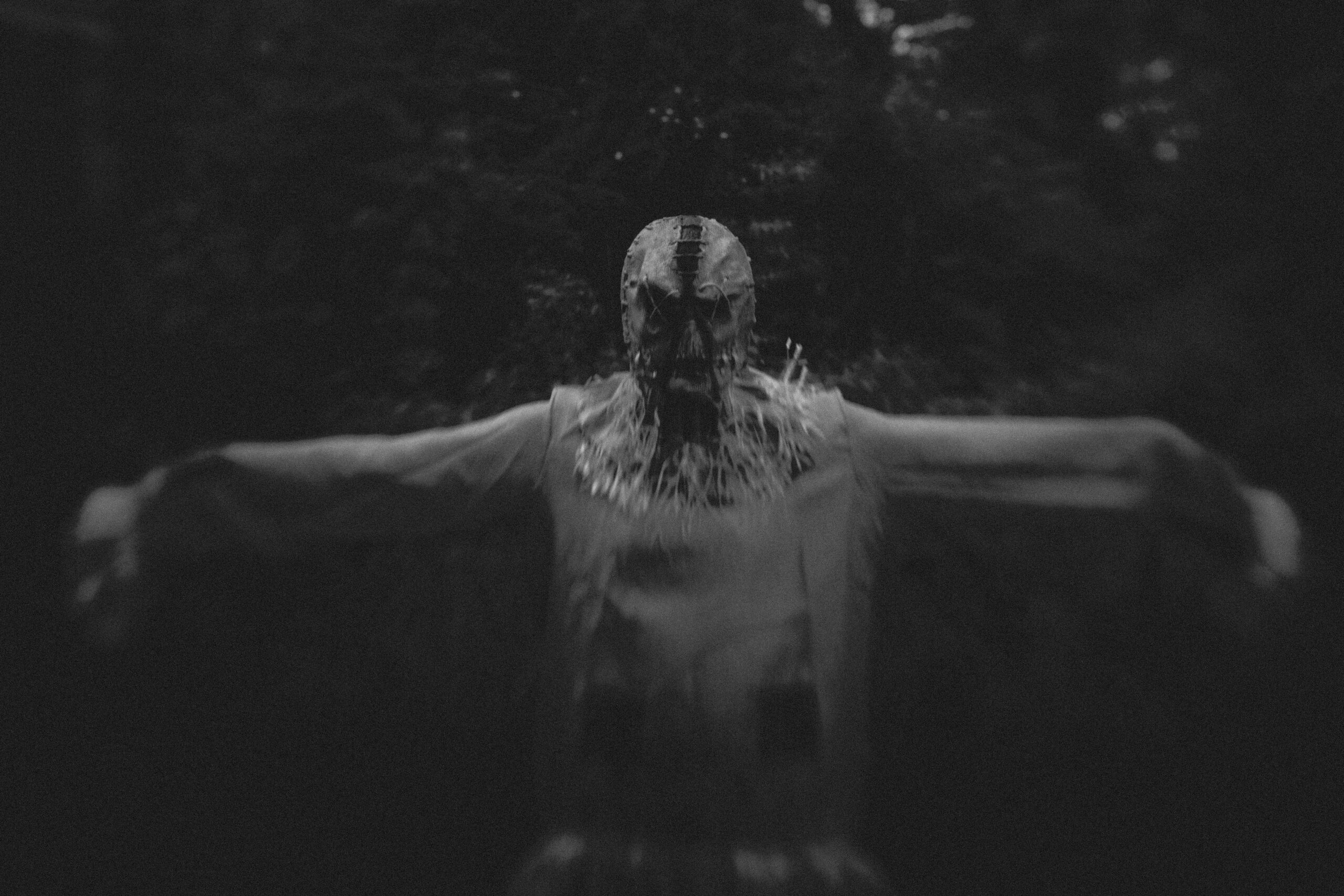 Horror photograph of a scarecrow in black and white