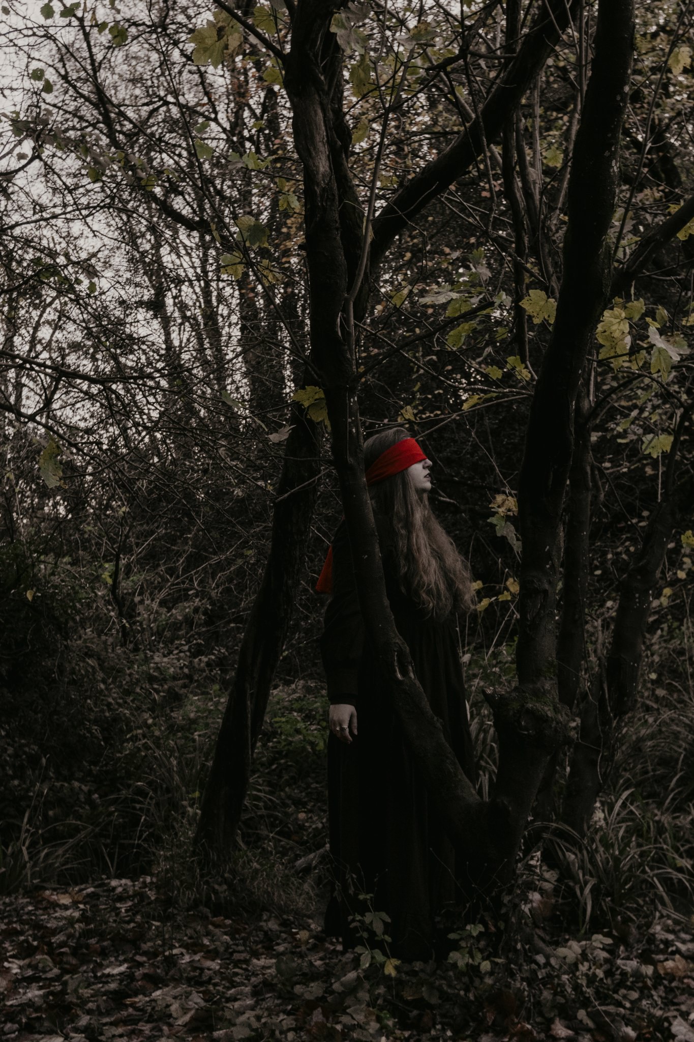 Woman in black with red fabric covering her eyes, in the woodland