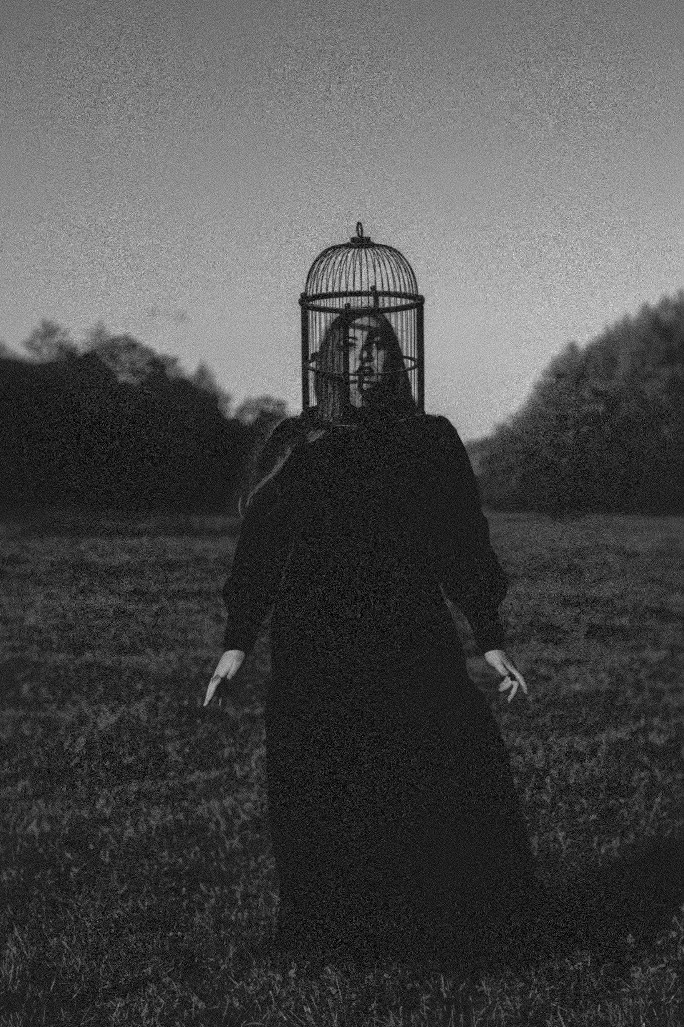 Picture of a woman in a long black vintage dress with a birdcage over her head.