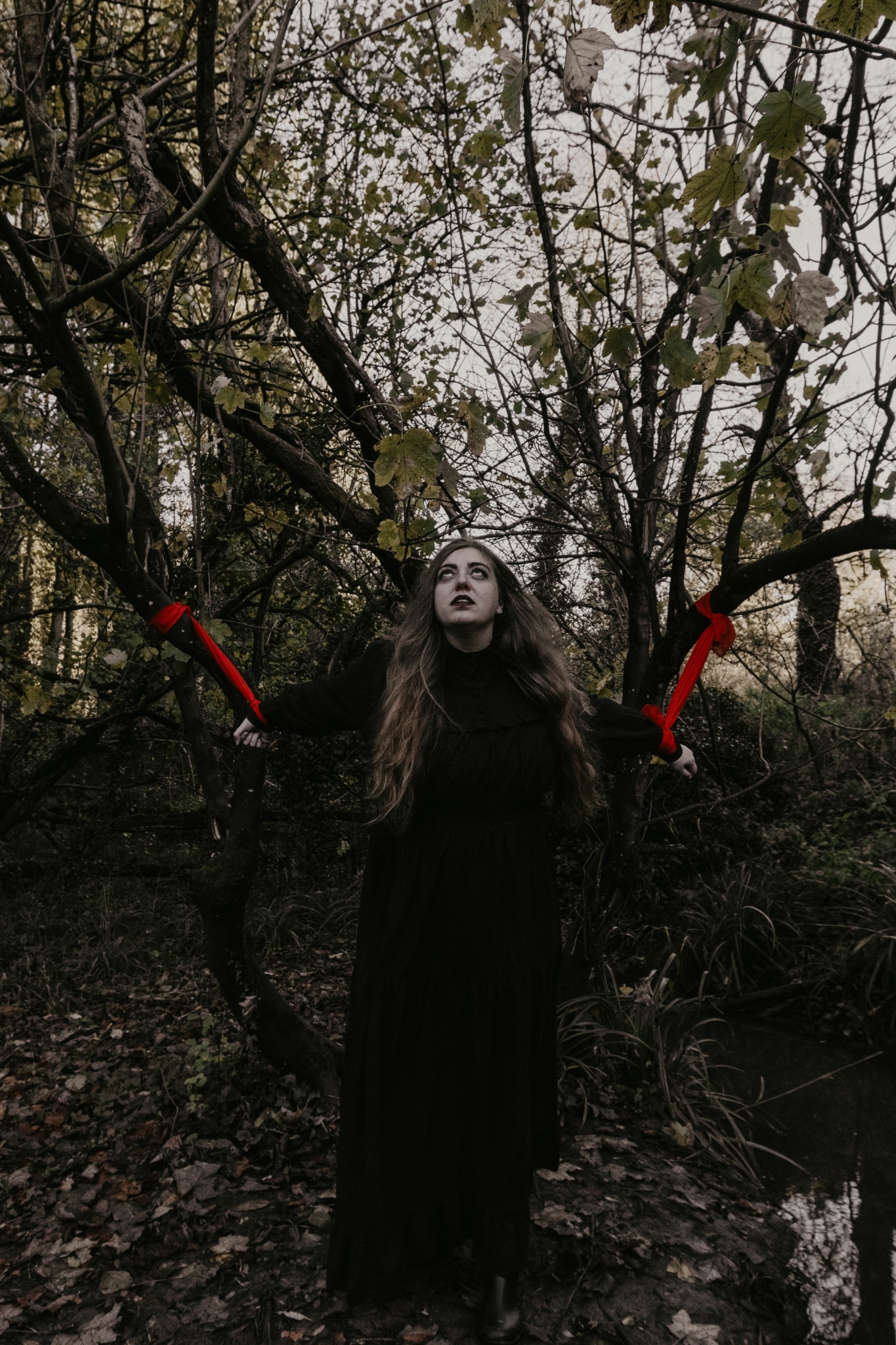 Woman in long black dress bound by red fabric tied to a tree, looking up with white eyes. Horror Concept Photoshoot In The Woods